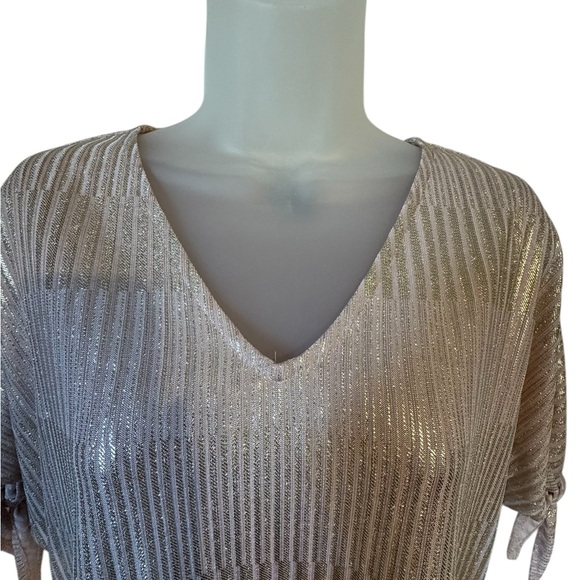 NWT  V-Neck BLUSH/GOLD  Shimmer Tie-Sleeve Top    LARGE    #K - Picture 2 of 9